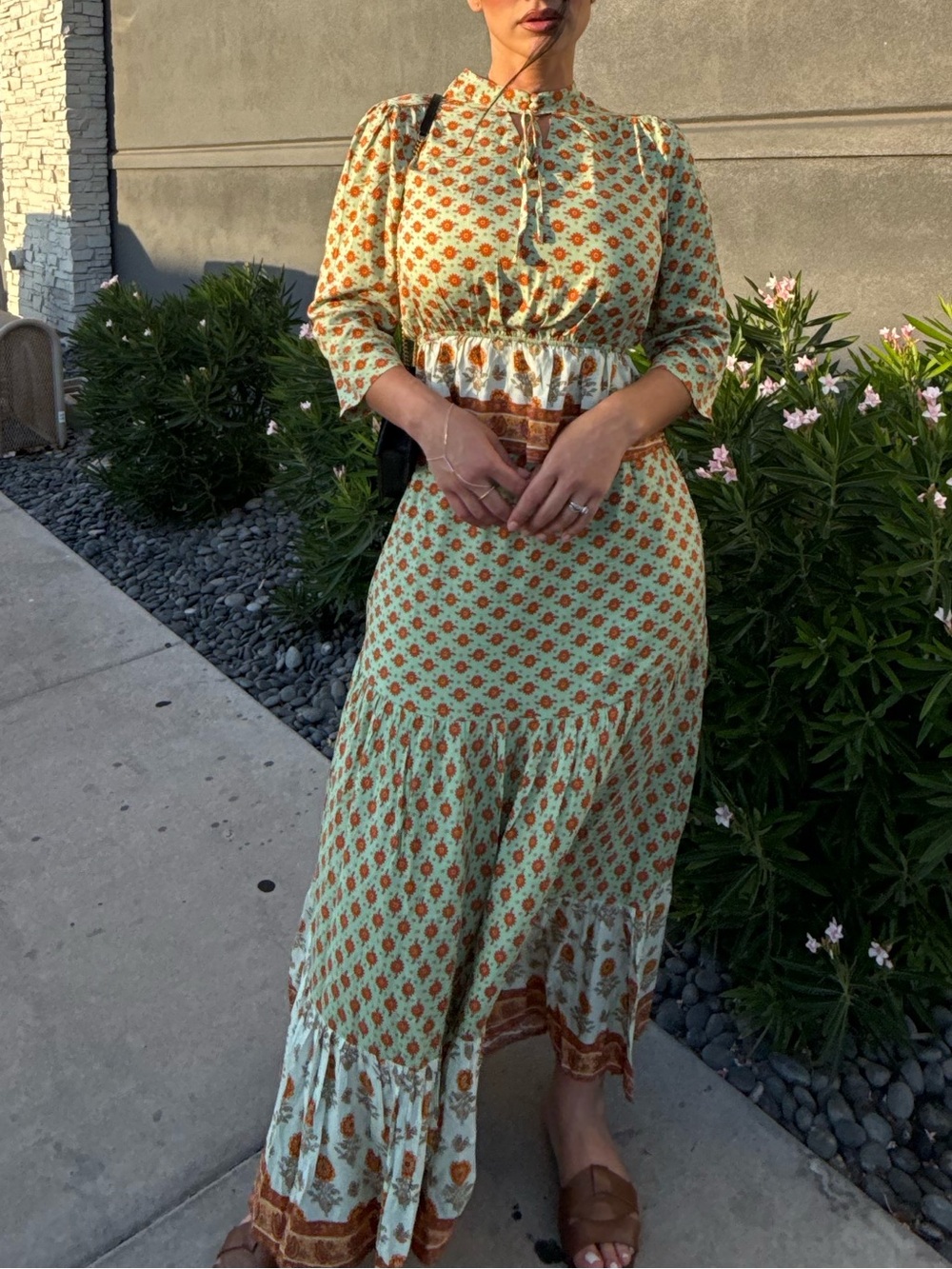 Boho Sage Green Printed Tiered Maxi Skirt Dress
